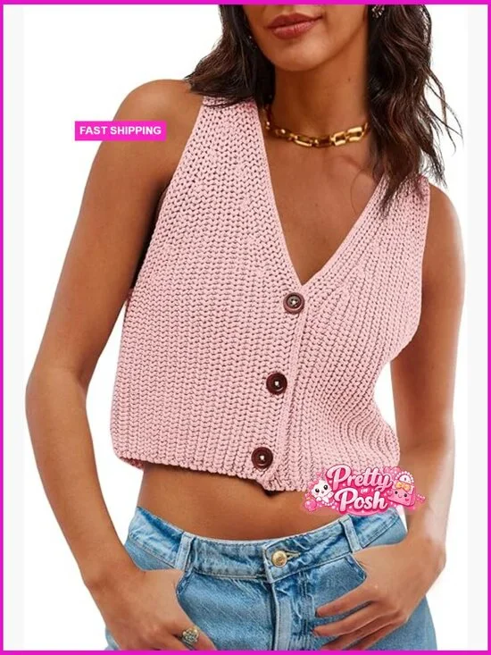 Cropped Sweater Vest V Neck Button Down Chunky Knit Sleeveless Tank Top - Picture 1 of 7